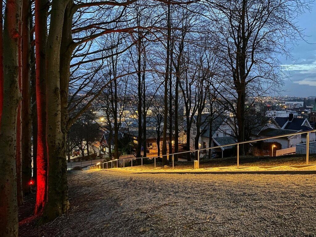 Sykehusparken, like nedenfor Trones skole i Sandnes, har fått ny belysning og oppgradert gangvei med gelender, samt farget belysning ved trærne i området. 